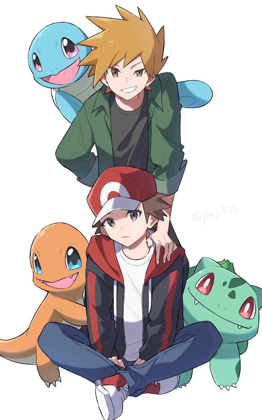 2boys absurdres bangs baseball_cap blue_oak brown_eyes brown_hair bulbasaur charmander closed_mouth commentary grin hand_on_another's_shoulder hat highres hood hood_down hoodie jayj_824 leaning_forward looking_at_viewer male_focus multiple_boys open_clothes open_hoodie pants pokemon pokemon_(creature) pokemon_(game) pokemon_frlg red_(pokemon) red_headwear shirt shoes short_hair sitting smile sneakers spiked_hair squirtle starter_pokemon_trio symbol-only_commentary teeth white_shirt