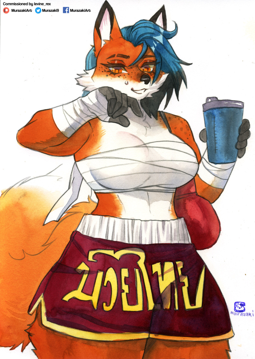 absurd_res anthro blue_hair bodily_fluids bottle boxing_gloves boxing_shorts breasts canid canine cheek_tuft chest_wraps clothed clothing container dipstick_tail facial_tuft female fluffy fluffy_tail fox freckles fur hair handwear hi_res mammal markings murazaki orange_body orange_fur painting_(artwork) smile solo standing sweat tail tail_markings traditional_media_(artwork) tuft water_bottle watercolor_(artwork) wraps wrist_wraps