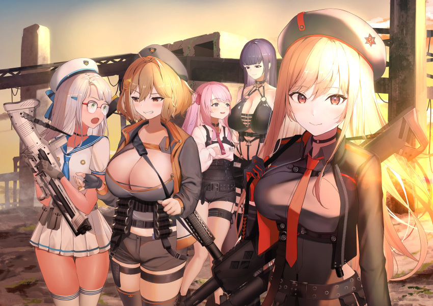 5girls :o absurdres anis_(nikke) assault_rifle bandolier bangs belt beret black_choker blue_neckerchief breasts brown_hair bullpup choker cleavage commentary_request fingerless_gloves glasses gloves goddess_of_victory:_nikke green_eyes grenade_launcher grey_hair grin gun hat highres holding holding_gun holding_weapon large_breasts long_hair looking_at_another looking_at_viewer m32 mihara_(nikke) military miniskirt multiple_girls neckerchief necktie neon_(nikke) outdoors pink_hair pleated_skirt purple_eyes purple_hair rapi_(nikke) red_eyes red_necktie revision rifle sailor_collar short_hair short_shorts shorts shotgun single_fingerless_glove skirt sky smile standard_manufacturing_dp-12 straight_hair strap sunset thigh_strap thighs towrituka weapon yuni_(nikke) zettai_ryouiki