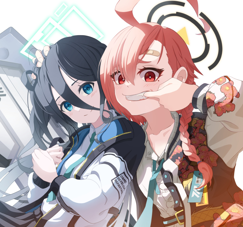 2girls aris_(blue_archive) asymmetrical_bangs bandaid bandaid_on_head bangs belt black_hair blue_archive blue_eyes blue_necktie center_frills collared_shirt finger_in_own_mouth frills grin hair_between_eyes halo hand_on_another's_head highres jacket maid maid_headdress mole mole_under_eye mouth_pull multiple_girls necktie neru_(blue_archive) orange_eyes orange_hair own_hands_together red_hair she100legs shirt simple_background smile white_background white_jacket white_shirt