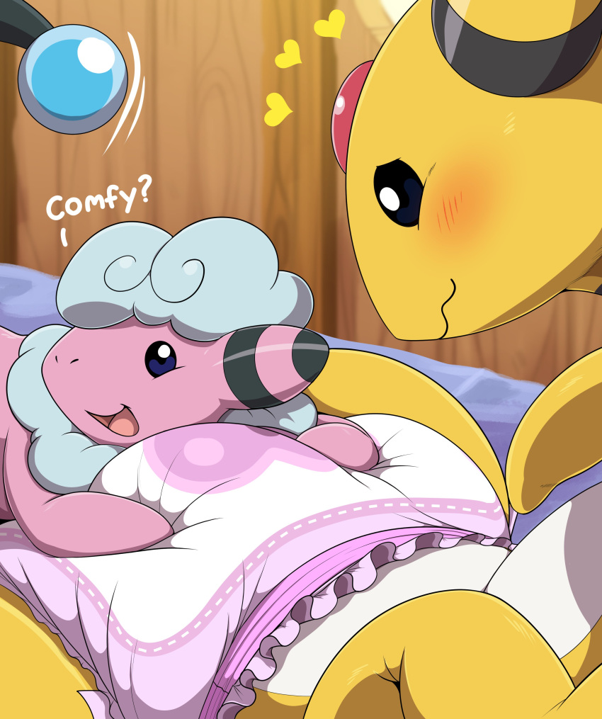 &lt;3 absurd_res ambiguous_gender ampharos bed blush bunnykisses dialogue diaper duo embarrassed embrace feral flaaffy furniture generation_2_pokemon hi_res hug hugging_diaper lying nintendo on_back open_mouth pokemon pokemon_(species) smile squeezing_diaper squiggle_mouth touching_diaper