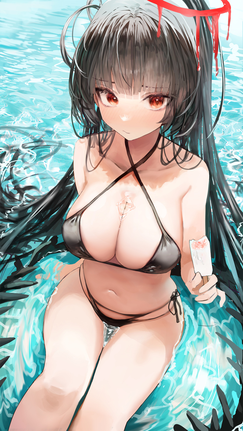 1girl bikini black_bikini black_hair black_wings blue_archive breasts bust_cup closed_mouth collarbone criss-cross_halter food halo halterneck hasumi_(blue_archive) highres holding holding_food large_breasts long_hair looking_at_viewer navel popsicle red_eyes side-tie_bikini_bottom sitting solo stomach swimsuit thighs very_long_hair water wavy_mouth wet wings yonchan
