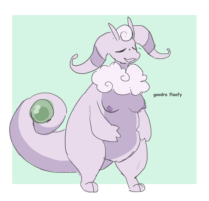 absurd_res anthro breasts cute_expression dragon female flaaffy fluffy fusion generation_2_pokemon generation_6_pokemon goodra hi_res nintendo nude pokemon pokemon_(species) pokemon_fusion royroybutter small_breasts solo tail thick_tail thick_thighs