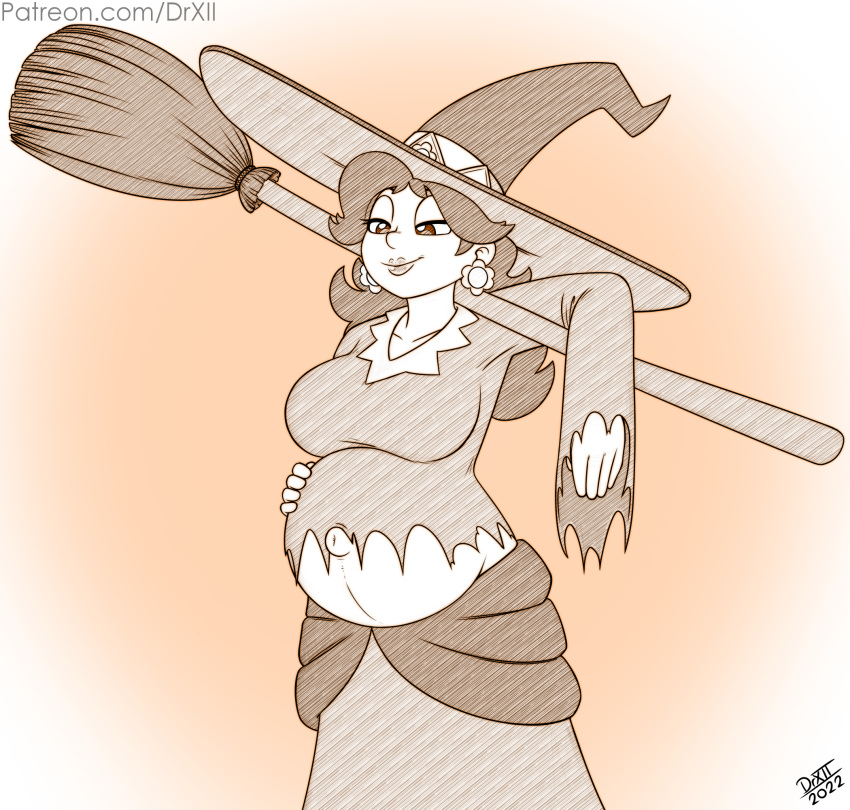 belly big_belly big_breasts breasts clothed clothing costume crown digital_media_(artwork) drxii female hair halloween hat headgear headwear hi_res holidays human magic_user mammal mario_bros nintendo pregnant princess_daisy simple_background smile solo witch witch_hat
