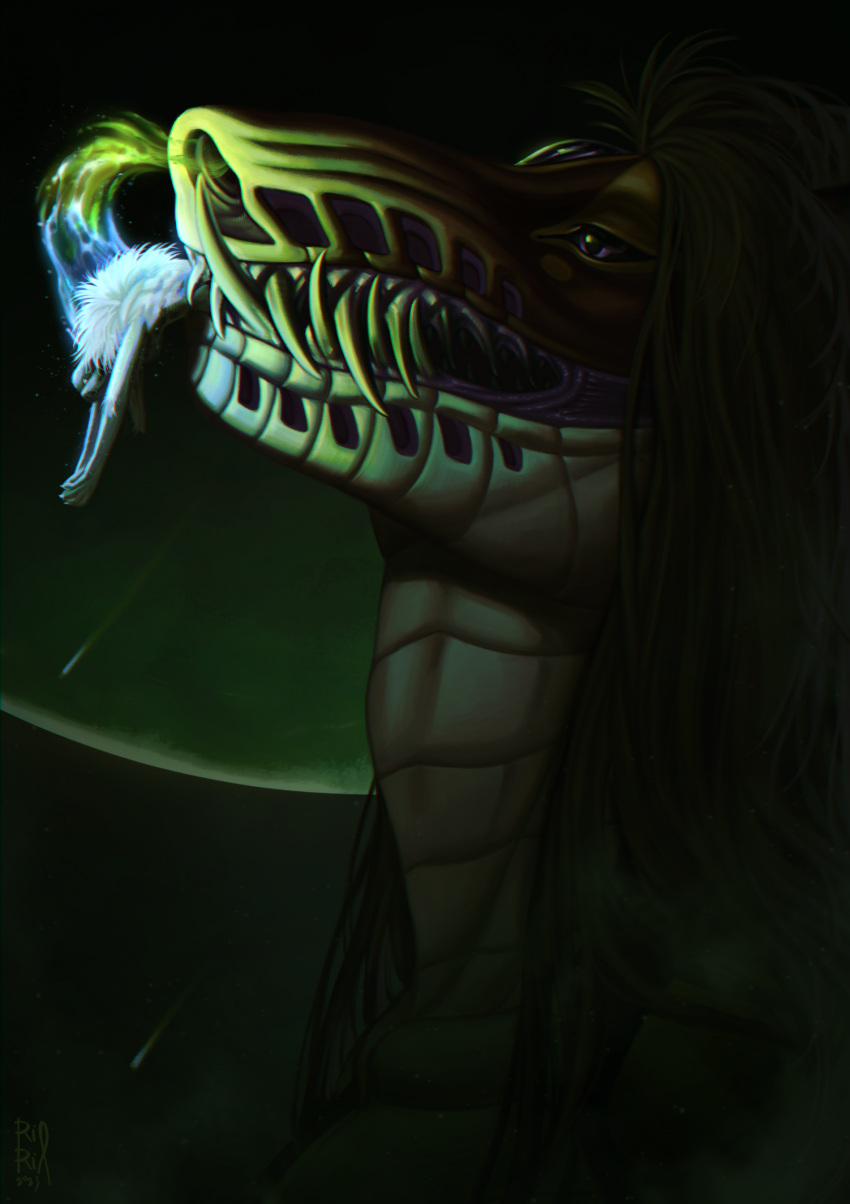 2023 ambiguous_gender anthro black_hair dated death duo fangs fur glistening glistening_eyes hair hi_res in_mouth long_hair obscured_eyes oral_vore purple_eyes riorix scales sharp_teeth side_view signature simple_background soul_vore species_request tan_body tan_scales teeth vore white_body white_fur