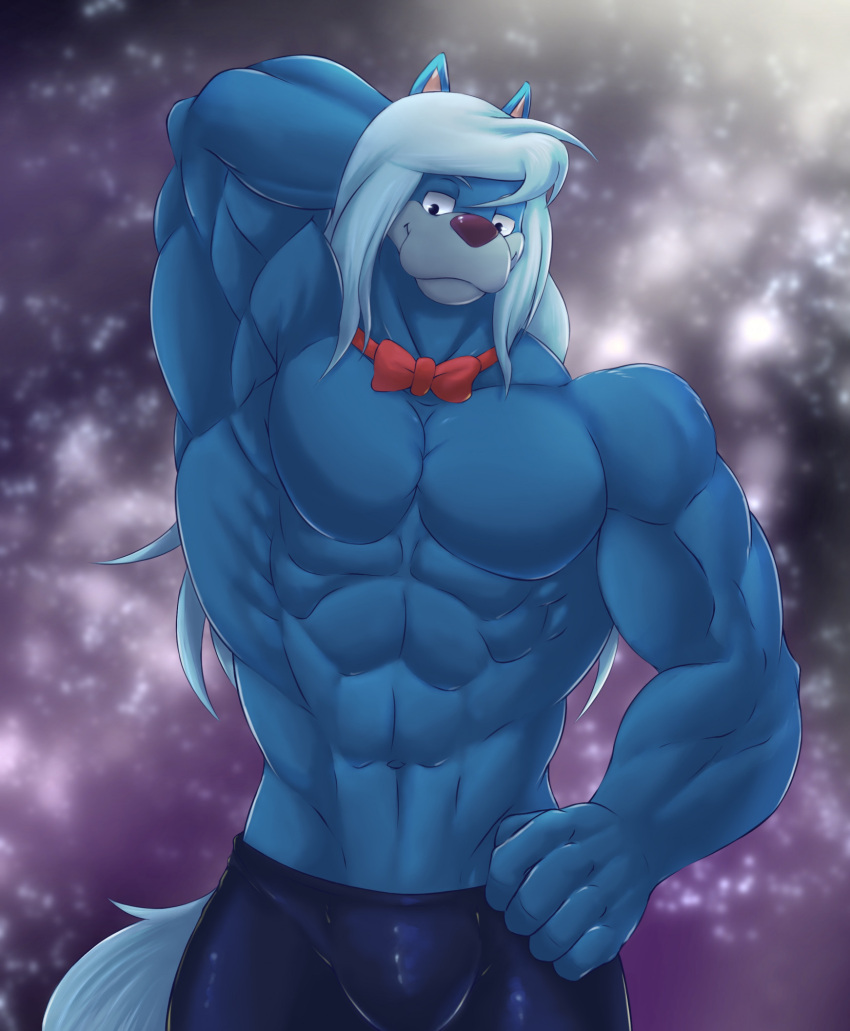 2023 abs animaniacs anthro biceps big_muscles biped blue_body blue_hair bottomwear bulge canid canine chibikoma clothed clothing digital_drawing_(artwork) digital_media_(artwork) hair half-length_portrait hand_behind_head hi_res lidded_eyes long_hair male mammal muscular muscular_anthro muscular_male navel pecs portrait purple_nose red_bow_tie solo topless topless_anthro topless_male warner_brothers were werecanid werecanine werewolf wilford_wolf