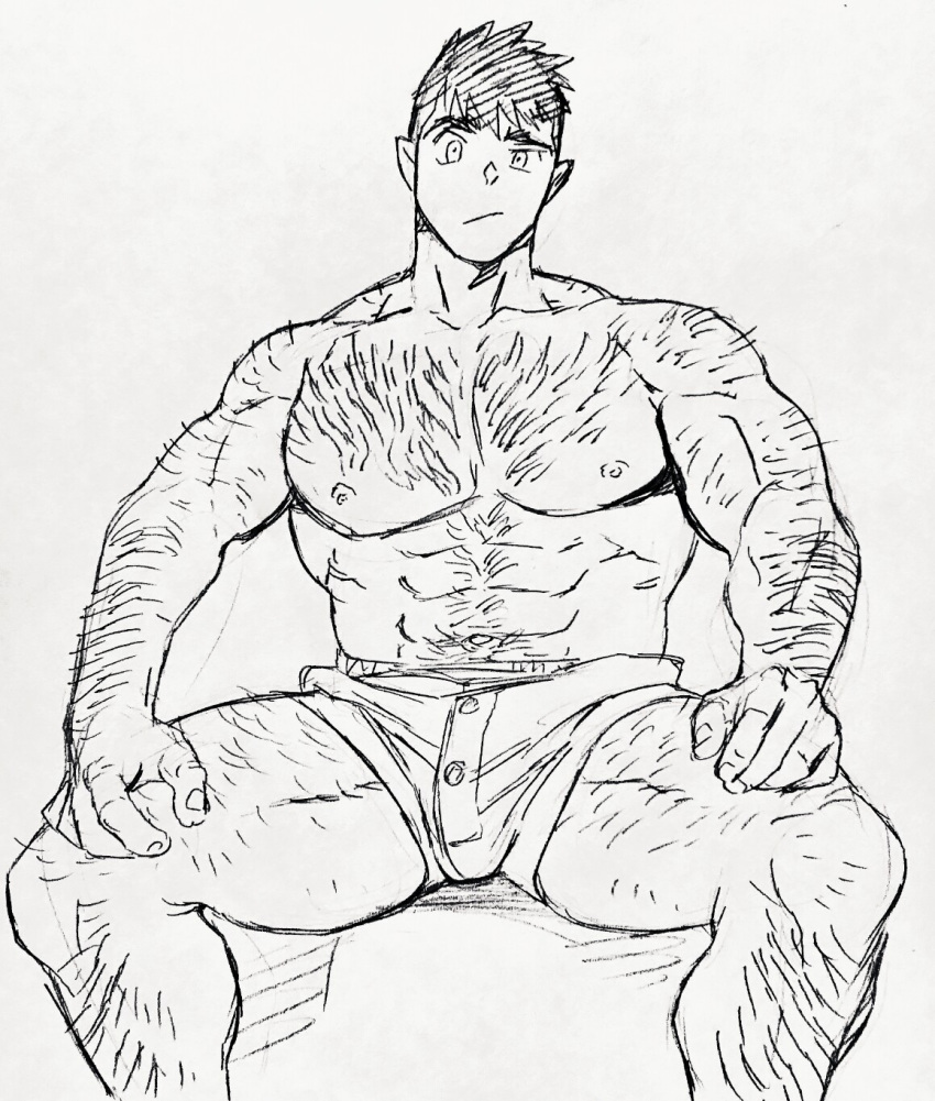 1boy abs arm_hair bara boxers bulge chest_hair dickfish_(fishismdick) feet_out_of_frame hairy highres john_rottweil_(dickfish) large_pectorals leg_hair male_focus male_underwear mature_male muscular muscular_male navel navel_hair nipples original pectorals raised_eyebrow scan short_hair sideburns sitting sketch solo stomach thick_eyebrows thick_thighs thighs topless_male traditional_media underwear