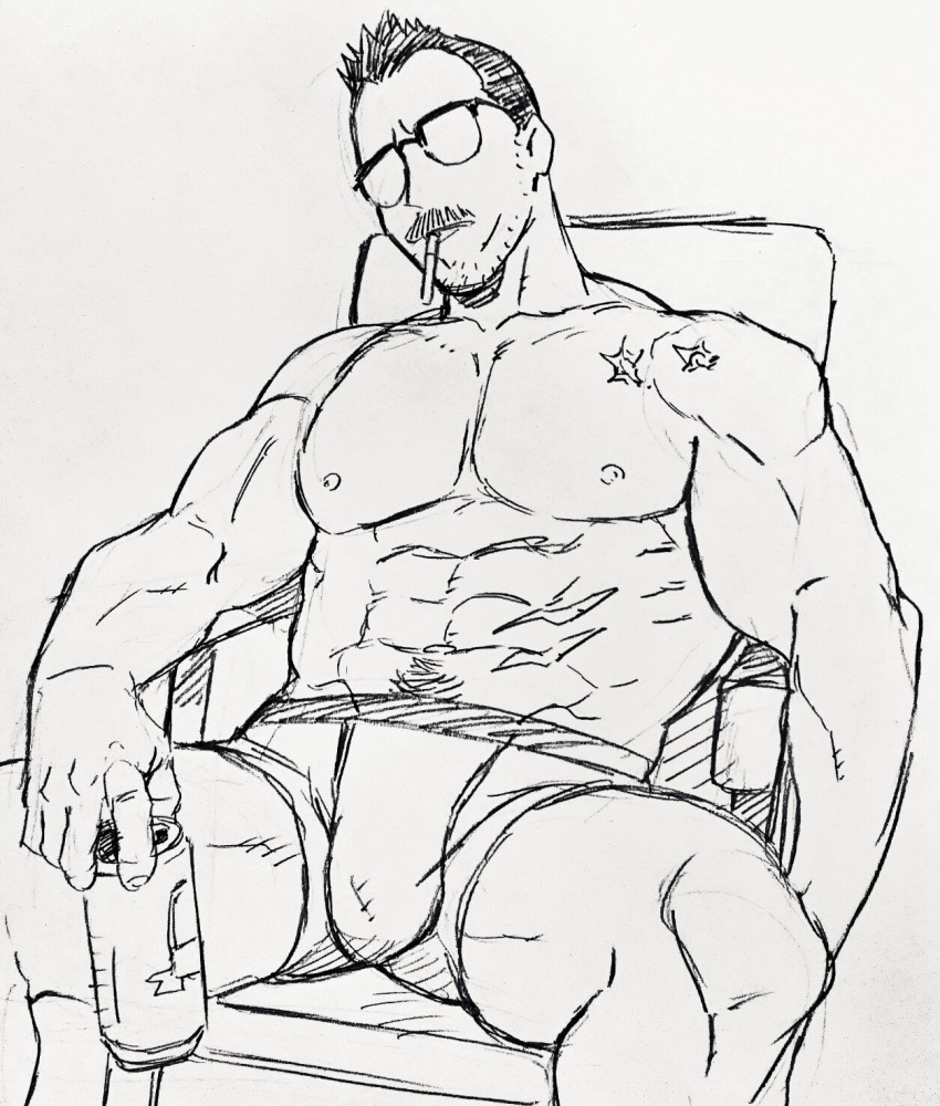1boy abs alternate_facial_hair bara billy_russell_(dickfish) boxers bulge can cigarette dickfish_(fishismdick) facial_hair feet_out_of_frame glasses highres holding holding_can large_pectorals male_focus male_underwear mature_male muscular muscular_male mustache navel navel_hair nipples on_chair original pectorals scan scar scar_on_chest short_hair sideburns sitting sketch solo spread_legs stomach stubble thick_thighs thighs topless_male traditional_media underwear underwear_only