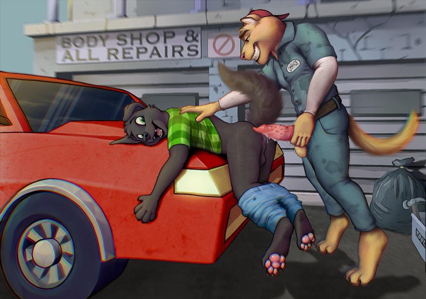 anthro balls bottomwear bottomwear_down canid canine chance_furlong clothed clothing domestic_cat duo felid feline felis furry-artist genitals hanna-barbera hat headgear headwear hi_res imminent_anal male male/male mammal pants pants_down partially_clothed penile_spines penis swat_kats vehicle
