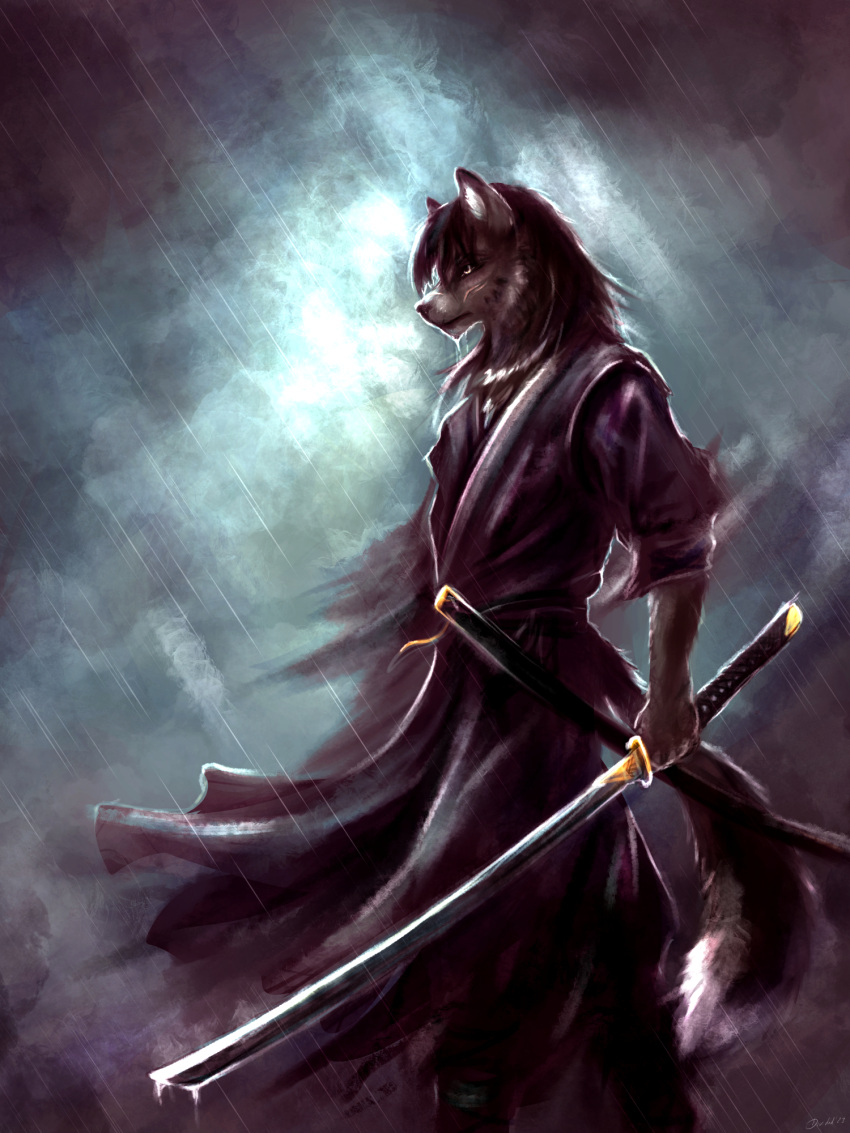 2023 abstract_background ambiguous_gender anthro boots brown_body brown_fur canid canine canis clothing dated digital_media_(artwork) dipstick_tail divided_(artist) ears_front footwear fur hi_res holding_katana holding_object holding_sword holding_weapon katana looking_forward mammal markings melee_weapon outside raining robe scabbard scar signature solo standing sword tail tail_markings weapon white_body white_fur wolf