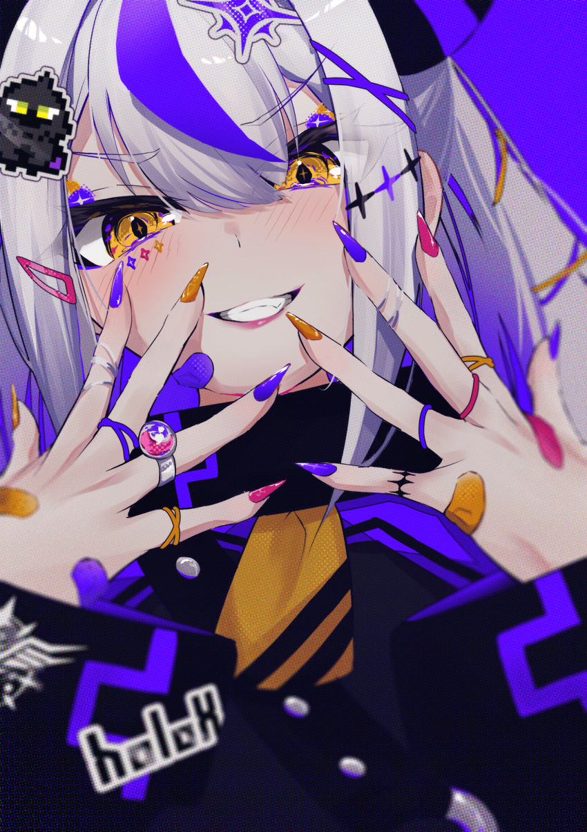 1girl absurdres bandaid bandaid_on_face bandaid_on_hand bangs buttons close-up coat collar crow_(la+_darknesss) demon_girl demon_horns fingernails grey_hair grin hair_between_eyes hair_ornament hairclip halftone halftone_background highres hololive holox horns jewelry la+_darknesss lips long_hair long_sleeves looking_at_viewer mika_pikazo_(style) multicolored_hair nail_polish neckerchief pink_nails pixel_art portrait purple_background purple_coat purple_hair purple_nails ring rubber_band sharp_fingernails sleeves_past_wrists smile solo spread_fingers streaked_hair striped_horns tppo virtual_youtuber yellow_eyes yellow_nails yellow_neckerchief