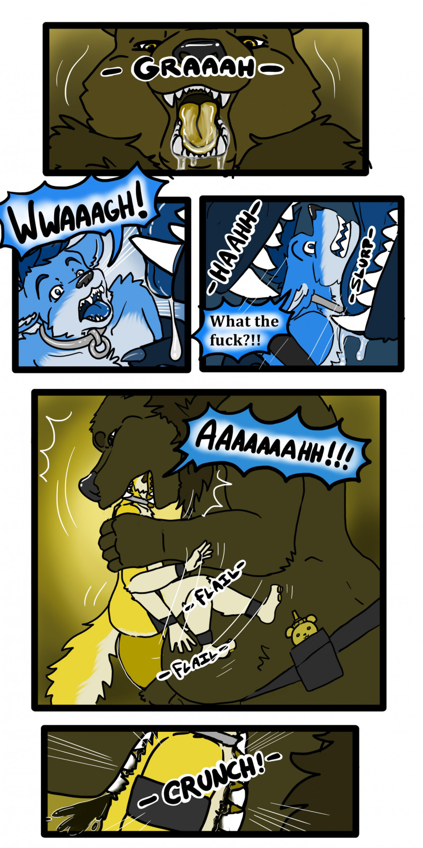 absurd_res anal anal_penetration anthro anthro_on_anthro anthro_penetrated anthro_penetrating anthro_penetrating_anthro bear belly biped bite blood bodily_fluids body_hair canid cobalt_(tatsuchan18) collar comic dialogue drooling duo english_text fur genitals hi_res male male/male mammal open_mouth panicking penetration penis saliva sex sound_effects speech_bubble stare stretching tatsuchan18 teeth text text_box vore