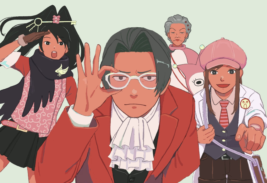 1boy 23011620x 3girls ace_attorney ace_attorney_investigations ace_attorney_investigations:_miles_edgeworth arm_behind_back ascot bespectacled black_hair black_vest brown_hair closed_mouth collared_shirt costume ema_skye formal furrowed_brow glasses gloves grey_eyes grey_hair hair_intakes hair_ornament hat high_ponytail highres jacket karakusa_(pattern) kay_faraday key labcoat long_hair long_sleeves looking_at_viewer miles_edgeworth multiple_girls old old_woman open_mouth pink_badger pleated_skirt pointing pointing_at_viewer ponytail red_jacket scarf shirt short_hair simple_background skirt sleeves_rolled_up smile vest wendy_oldbag white_shirt