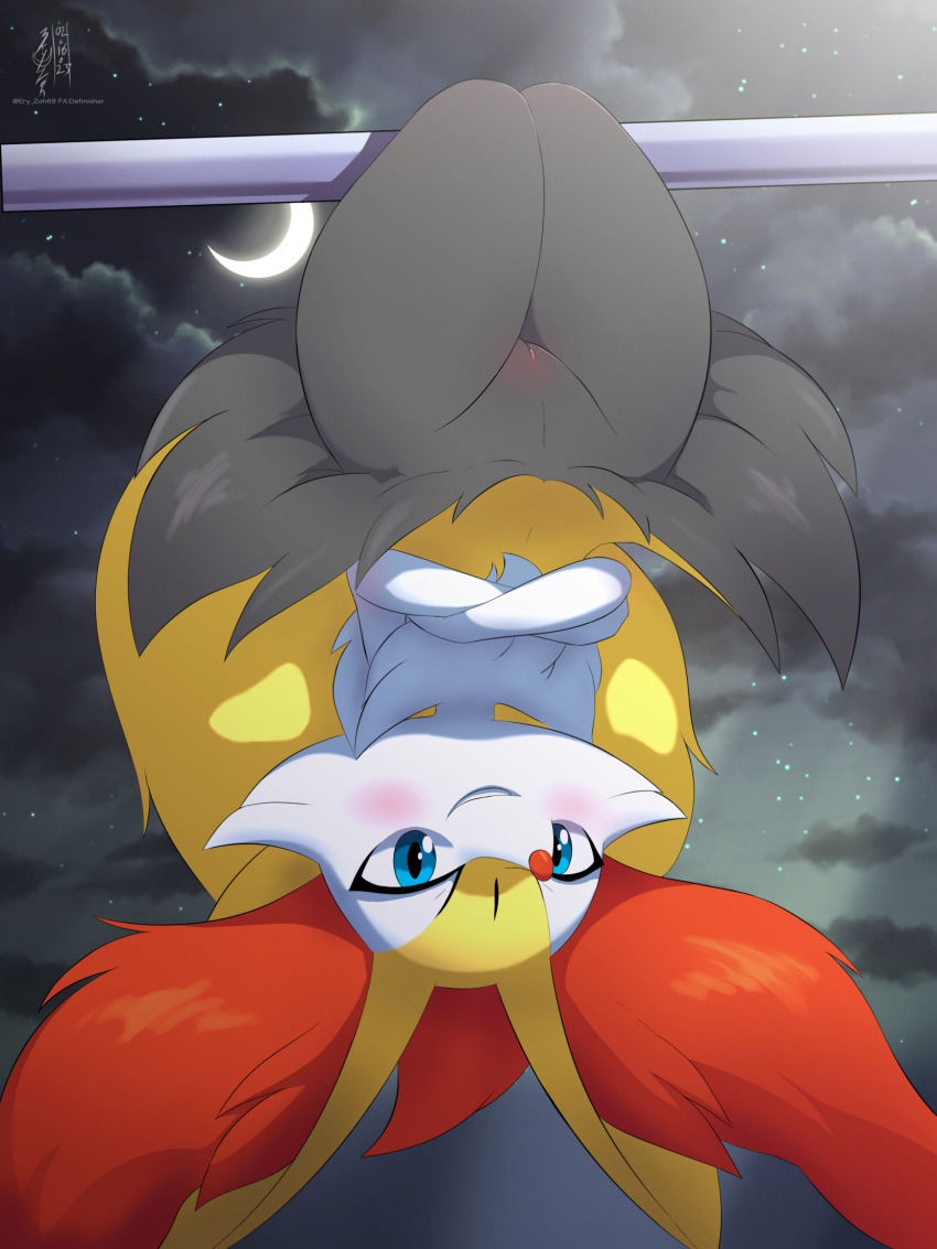 1girl alternate_eye_color animal_ear_fluff animal_ears animal_nose artist_name black_fur black_sky blue_eyes blush body_fur braixen clitoral_hood cloud commentary crescent_moon crossed_arms dated english_commentary eryz flat_chest fox_ears fox_girl fox_tail fur_collar furaffinity_username furry furry_female grin groin hanging happy highres looking_at_viewer moon multicolored_fur night outdoors pokemon pokemon_(creature) pole signature smile snout solo star_(sky) tail teeth thick_thighs thighs twitter_username upside-down white_fur yellow_fur