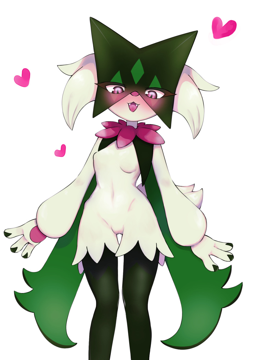 1girl :3 animal_hands animal_nose blush body_fur breasts cat_girl commentary fangs furry furry_female green_fur green_hair hanayon happy heart highres legs looking_at_viewer looking_down meowscarada navel no_nipples nose_blush open_mouth pawpads pokemon pokemon_(creature) red_eyes short_hair simple_background small_breasts smile solo standing stomach tail two-tone_fur white_background