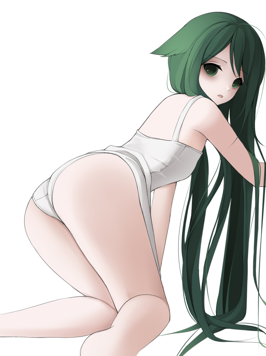 1girl absurdres ass dress flat_chest from_behind green_eyes green_hair highres iwaly404 long_hair looking_at_viewer open_mouth panties saya_(saya_no_uta) saya_no_uta underwear white_background white_dress white_panties