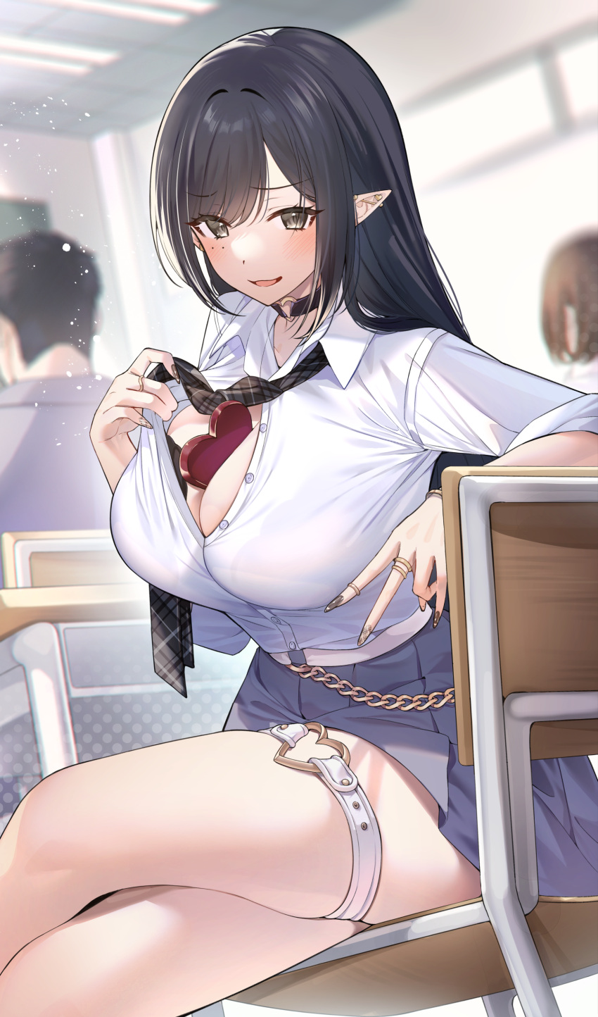 1girl :d absurdres bangs between_breasts black_eyes black_hair blush breasts chair chocolate choker collared_shirt ear_piercing food_between_breasts heart heart_o-ring highres large_breasts long_hair long_sleeves looking_at_viewer mole mole_under_eye nail_polish necktie original partially_unbuttoned piercing pleated_skirt pointy_ears school_uniform shirt sino42 sitting skirt smile solo_focus thighs