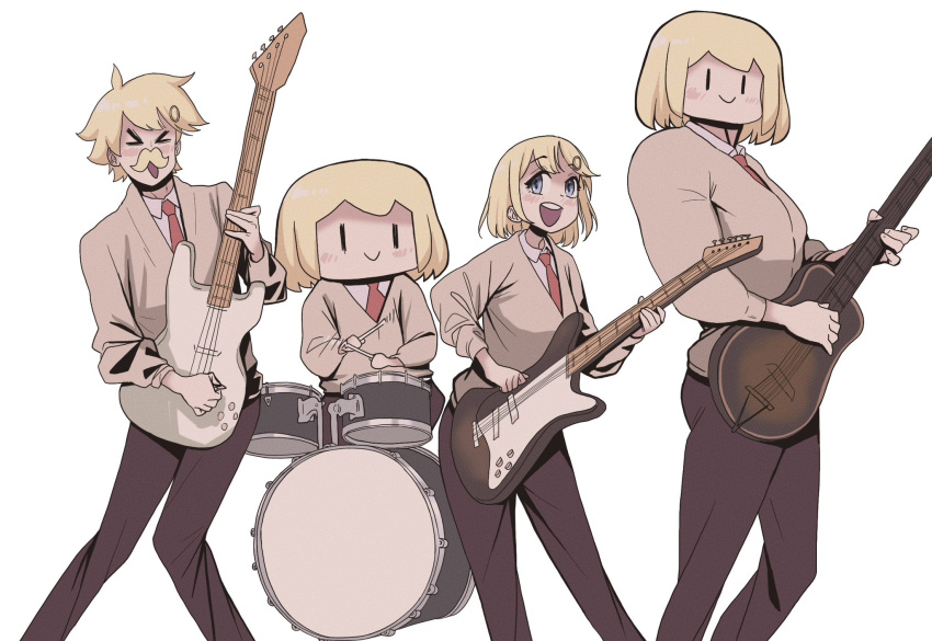 band bangs blonde_hair blue_eyes bob_cut buffson drum drum_set electric_guitar facial_hair guitar hair_ornament highres holding holding_instrument hololive hololive_english instrument monocle_hair_ornament multiple_girls music mustache pants playing_instrument short_hair smol_ame virtual_youtuber watson_amelia zedd_(zedgawr)