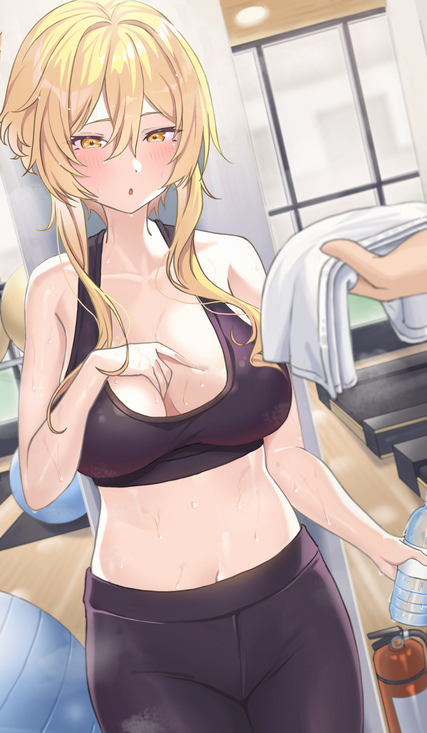 1girl 1other :o absurdres ball bare_shoulders black_pants black_sports_bra blonde_hair blush bottle breasts cleavage collarbone commentary exercise_ball fire_extinguisher genshin_impact gym hand_on_own_chest highres holding holding_bottle holding_towel indoors large_breasts long_hair lumine_(genshin_impact) navel o-los open_mouth pants short_hair_with_long_locks sidelocks solo_focus sports_bra steaming_body sweat towel yellow_eyes yoga_pants