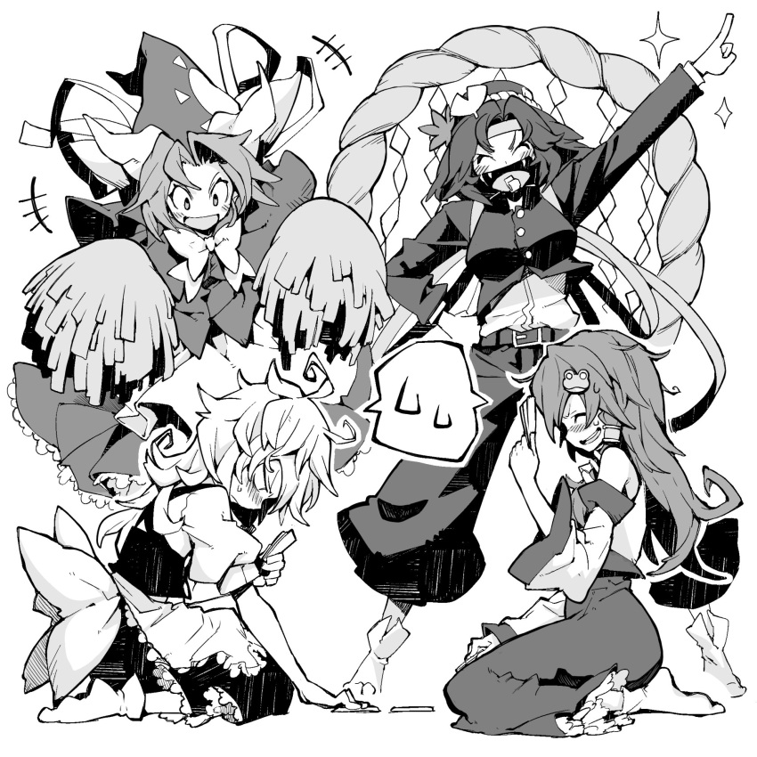 4girls alternate_costume apron bow breasts buttons capelet card detached_sleeves doting_parent dress embarrassed frills frog_hair_ornament greyscale hair_ornament happy hat highres holding holding_card kirisame_marisa kochiya_sanae long_hair long_sleeves mima_(touhou) monochrome morino_hon multiple_girls no_headwear open_mouth ouendan pants playing_card pom_pom_(cheerleading) rope shimenawa short_hair short_sleeves sitting skirt sparkle sweatdrop touhou touhou_(pc-98) waist_apron whistle wizard_hat yasaka_kanako