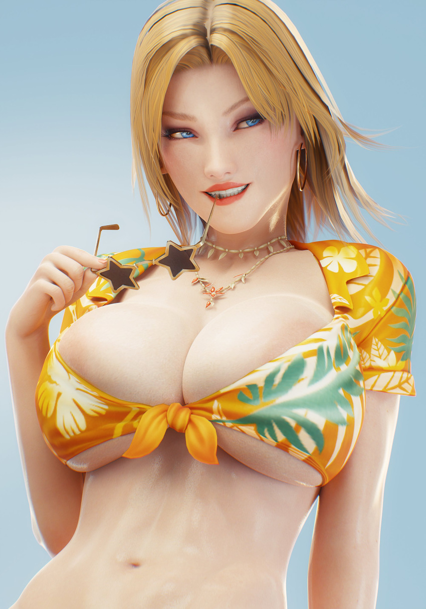 1girl 3d absurdres bangle biting blonde_hair blue_background blue_eyes bracelet breasts cleavage dead_or_alive earrings eyelashes eyewear_removed facing_viewer fingernails floral_print front-tie_top fugtrup highres holding holding_eyewear hoop_earrings jewelry large_breasts looking_to_the_side makeup mascara medium_hair navel necklace nose parted_hair red_lips shirt solo star-shaped_pupils star_(symbol) sunglasses symbol-shaped_pupils teeth tina_armstrong toned underboob upper_body yellow-framed_eyewear yellow_shirt