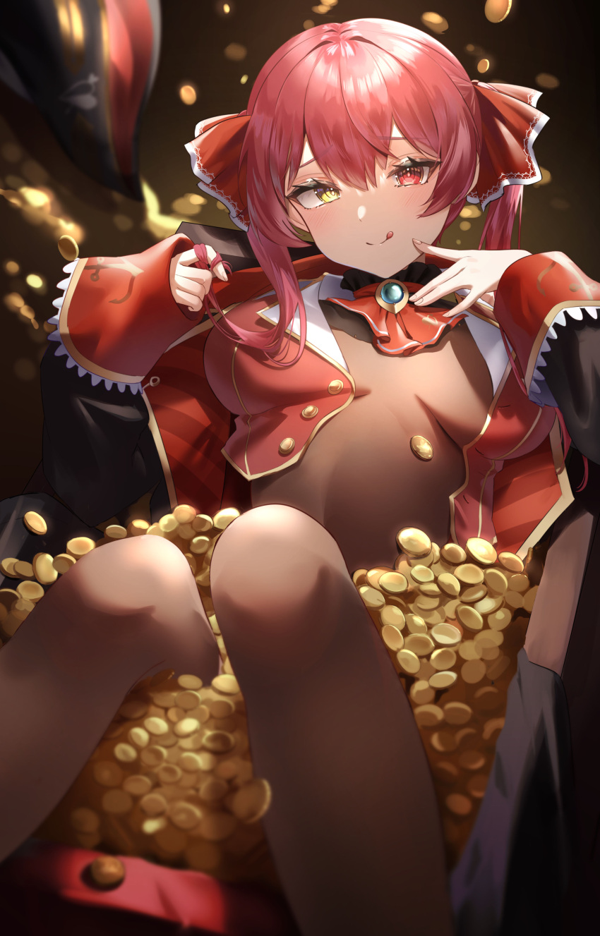 1girl :q absurdres ascot black_jacket breasts breasts_apart brooch closed_mouth coin commentary_request cropped_jacket cropped_vest gold_coin gold_trim hands_up hat hat_removed headwear_removed heterochromia highres hololive houshou_marine jacket jewelry knees_up large_breasts licking_lips long_hair looking_at_viewer lucy_(rusi-juren328) lying multicolored_clothes multicolored_jacket on_back open_clothes open_jacket pirate_hat playing_with_own_hair raised_eyebrows red_ascot red_eyes red_hair red_jacket revision sleeveless sleeveless_jacket smile solo tongue tongue_out treasure_chest twintails two-tone_jacket vest virtual_youtuber yellow_eyes