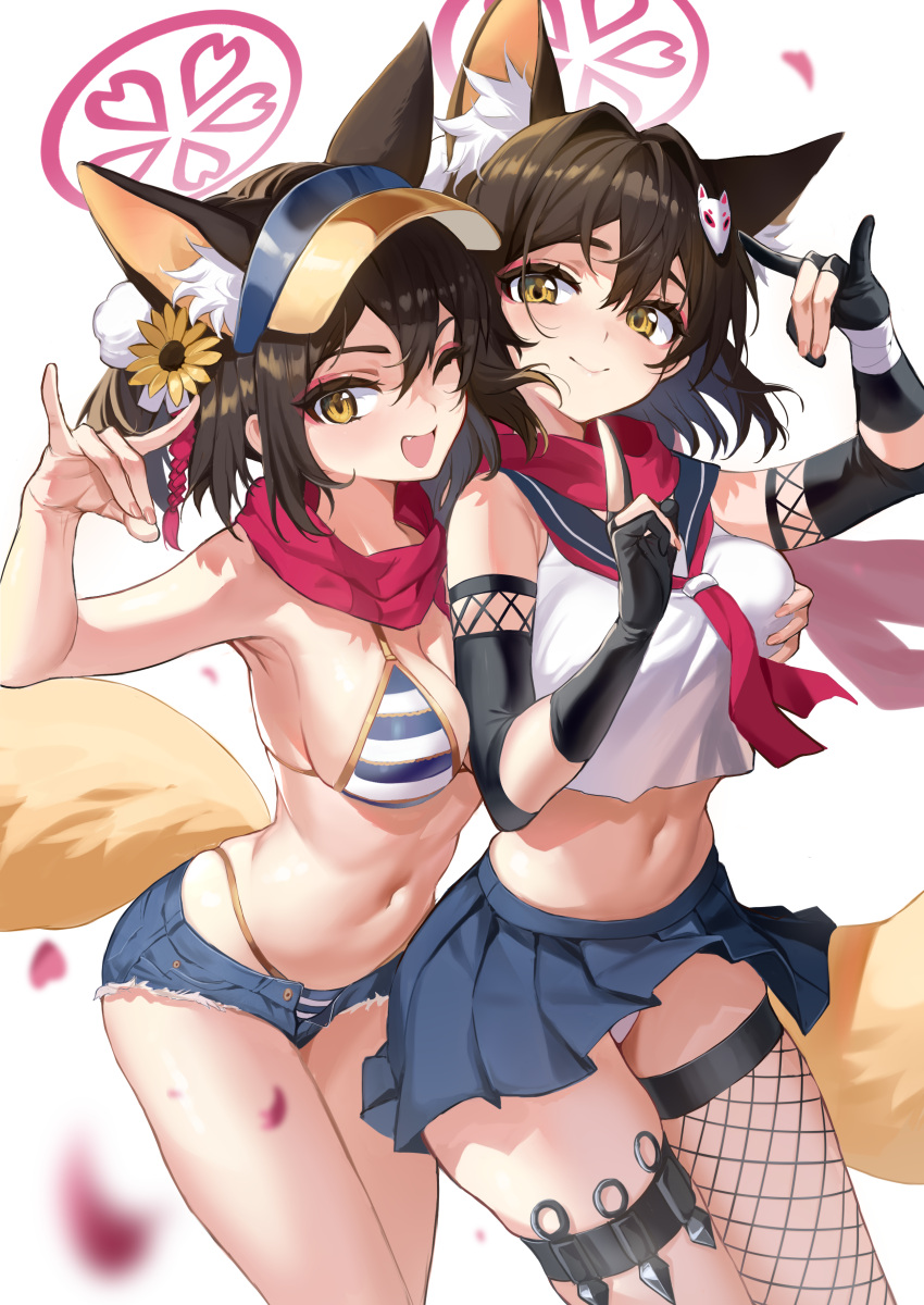2girls ;d absurdres animal_ear_fluff animal_ears arm_up armpits bandaged_wrist bandages bare_arms bare_shoulders bikini bikini_under_clothes black_gloves blue_archive blue_sailor_collar blue_skirt breast_grab breasts brown_hair closed_mouth crop_top crop_top_overhang cutoffs denim denim_shorts falling_petals fishnet_thighhighs fishnets fox_ears fox_girl fox_hair_ornament fox_shadow_puppet fox_tail gloves grabbing hair_between_eyes halo hand_on_another's_chest hand_up highleg highleg_bikini highres izuna_(blue_archive) izuna_(swimsuit)_(blue_archive) kuji-in medium_breasts micro_shorts miniskirt multiple_girls navel neckerchief official_alternate_costume one_eye_closed open_fly partially_fingerless_gloves petals pleated_skirt red_neckerchief red_scarf sailor_collar scarf school_uniform serafuku shirt short_hair shorts simple_background single_thighhigh skindentation skirt sleeveless sleeveless_shirt smile stomach stone_(ksorede) string_bikini striped striped_bikini swimsuit tail thigh_strap thighhighs thighs visor_cap white_background yellow_eyes