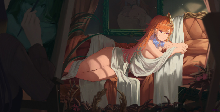 2girls bangs breasts cleavage closed_mouth collarbone couch day earrings feather_earrings feathers feet_out_of_frame hair_ornament highres hololive hololive_english jewelry large_breasts long_hair long_sleeves looking_at_viewer lying multiple_girls nev_(nevblindarts) ninomae_ina'nis on_couch on_side orange_hair painting_(action) painting_(object) purple_eyes revision solo_focus swept_bangs takanashi_kiara very_long_hair virtual_youtuber