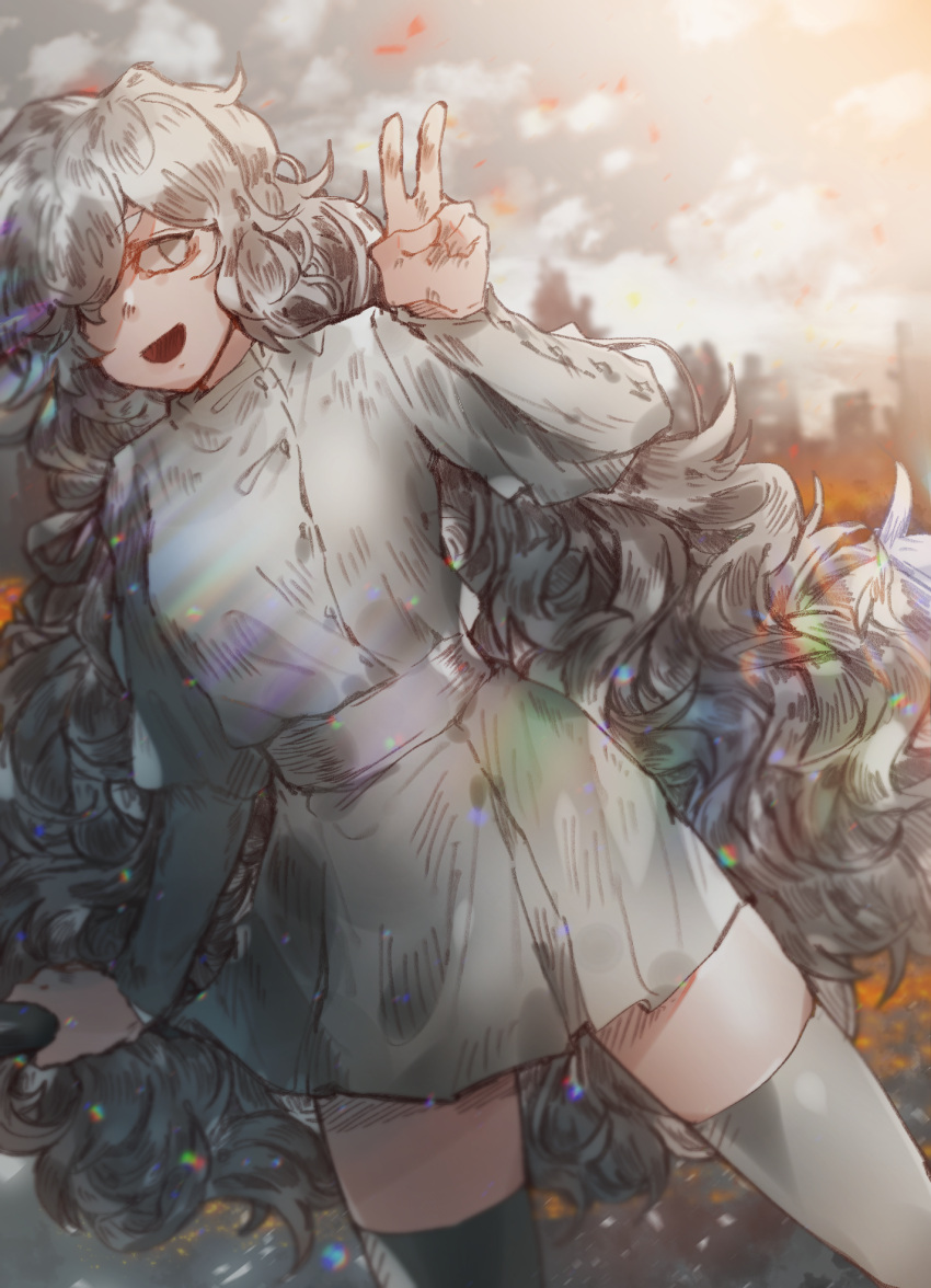 1girl bangs baseball_bat buttons city curly_hair dress feruca hair_over_one_eye hello_charlotte highres long_bangs long_hair looking_to_the_side open_mouth q84 sky solo v very_long_hair white_dress white_eyes white_hair zettai_ryouiki