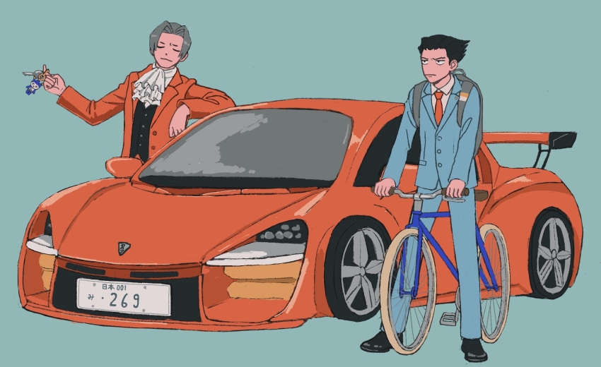 23011620x 2boys :i ace_attorney ascot bicycle black_hair black_vest blue_background blue_badger blue_jacket blue_pants car closed_mouth collared_shirt formal grey_hair ground_vehicle hair_intakes highres jacket keychain long_sleeves miles_edgeworth motor_vehicle multiple_boys necktie pants phoenix_wright red_jacket red_necktie red_suit shirt short_hair simple_background smile smug spiked_hair standing suit vehicle_focus vest white_shirt