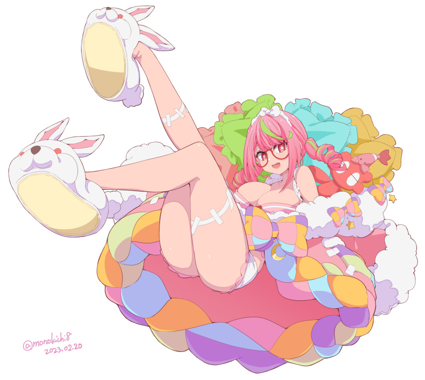 +_+ 1girl :d animal_ears animal_slippers ass azuchi_momo bangs bare_shoulders bow bra breasts bunny_slippers drill_hair glasses green_hair highres kichihachi large_breasts legs legs_up long_hair looking_at_viewer loungewear multicolored_bow multicolored_hair nijisanji open_mouth pink_bra pink_hair shirt short_shorts shorts simple_background slippers smile solo streaked_hair stuffed_animal stuffed_toy thigh_strap twin_drills underwear virtual_youtuber white_background white_shirt white_shorts