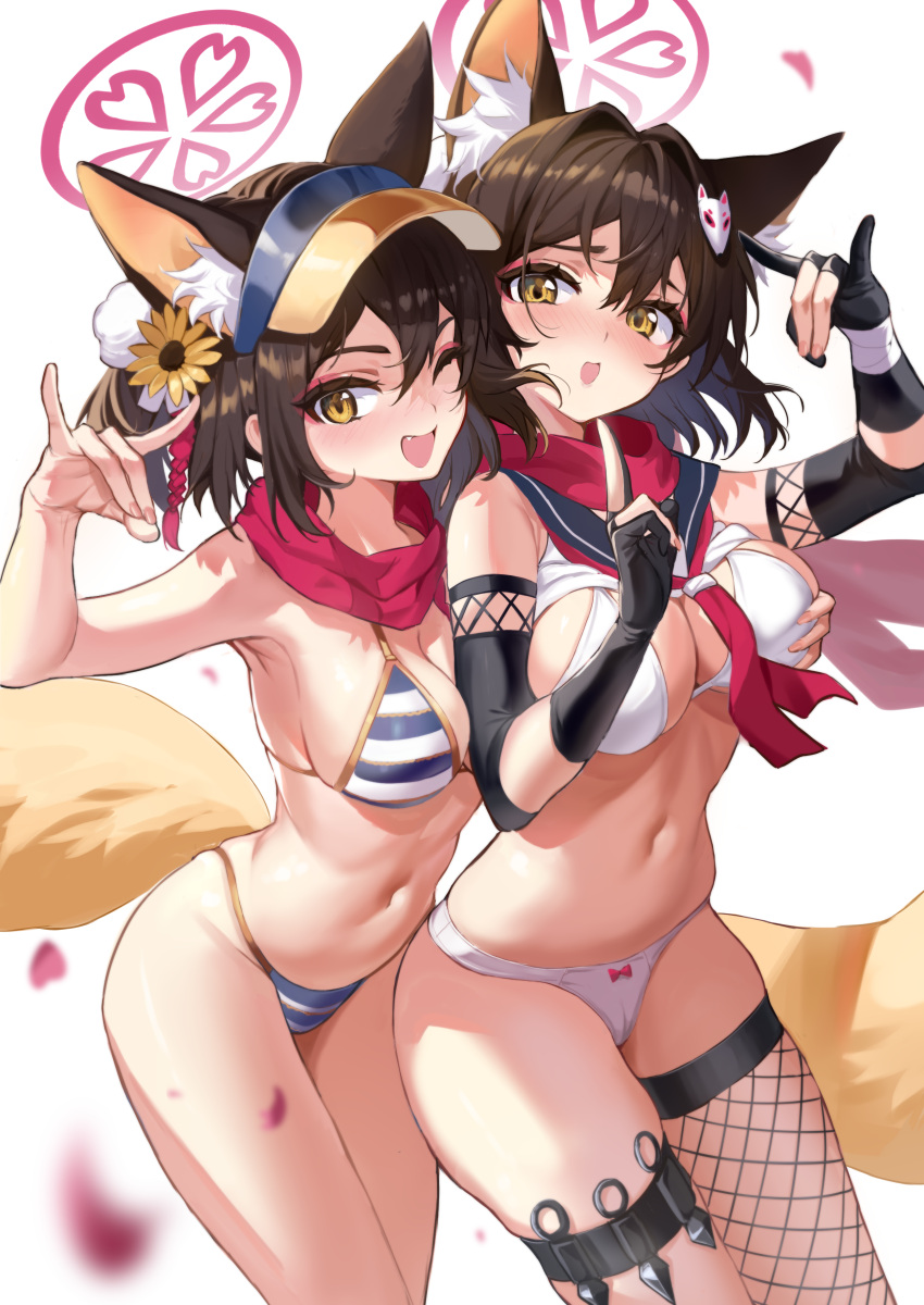 2girls ;d absurdres animal_ear_fluff animal_ears arm_up armpits bandaged_wrist bandages bare_arms bare_shoulders bikini bikini_top_only black_gloves blue_archive blue_sailor_collar blue_skirt bow bow_panties breast_grab breasts brown_hair clothes_lift falling_petals fishnet_thighhighs fishnets fox_ears fox_girl fox_hair_ornament fox_shadow_puppet fox_tail gloves grabbing hair_between_eyes halo hand_on_another's_chest hand_up highleg highleg_bikini highres izuna_(blue_archive) izuna_(swimsuit)_(blue_archive) kuji-in medium_breasts multiple_girls navel neckerchief no_pants official_alternate_costume one_eye_closed open_mouth panties partially_fingerless_gloves petals red_neckerchief red_scarf sailor_collar scarf school_uniform serafuku shirt shirt_lift short_hair simple_background single_thighhigh skindentation skirt sleeveless sleeveless_shirt smile stomach stone_(ksorede) string_bikini striped striped_bikini swimsuit tail thigh_strap thighhighs thighs underwear visor_cap white_background white_bikini white_panties yellow_eyes