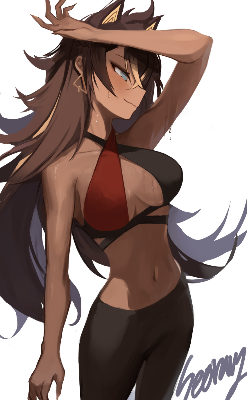 1girl absurdres arm_up bare_arms bare_shoulders black_pants blue_eyes breasts commentary cowboy_shot criss-cross_halter dark_skin dehya_(genshin_impact) earrings genshin_impact halterneck highres jewelry large_breasts leggings long_hair midriff navel pants pointy_hair seorang smile solo standing stomach thighs very_long_hair