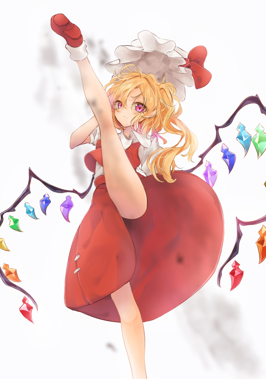 1girl absurdres bangs bat_wings blonde_hair blush bow calpis118 closed_mouth commentary_request crystal eyelashes flandre_scarlet hand_up hat hat_bow headwear_removed high_kick highres kicking legs long_hair looking_at_viewer messy_hair mob_cap multicolored_wings no_panties puffy_short_sleeves puffy_sleeves rainbow_order red_bow red_eyes red_footwear red_shirt red_skirt serious shirt short_sleeves side_ponytail sidelocks simple_background skirt slit_pupils solo split standing standing_on_one_leg standing_split touhou white_background white_headwear white_shirt wings