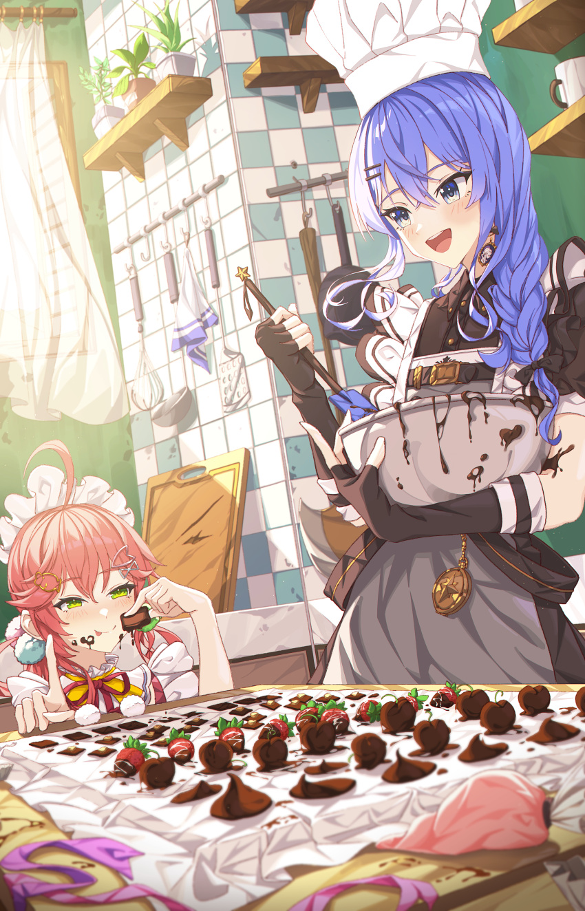 2girls absurdres ahoge apron bangs black_dress black_gloves blue_eyes blue_hair blush braid braided_ponytail chef_hat chocolate closed_mouth commentary_request cooking crossed_bangs curtains dress earrings fingerless_gloves food frills fruit gloves green_eyes grey_apron hair_ornament hairclip hat highres holding holding_food hololive hoshimachi_suisei index_finger_raised indoors jewelry kitchen ladle long_hair maid_headdress multiple_girls open_mouth pink_hair plant pom_pom_(clothes) pom_pom_hair_ornament ponytail potted_plant red_ribbon ribbon sakura_miko short_sleeves sidelocks smile star_(symbol) star_in_eye strawberry symbol_in_eye teeth tongue tongue_out upper_teeth_only valentine virtual_youtuber whisk white_headwear yozora_(1wkdgusdn)