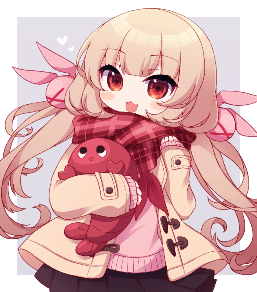 &gt;_&lt; 1girl :d bangs black_skirt blush_stickers brown_jacket commentary_request fang grey_background hair_ornament heart highres jacket light_brown_hair long_hair long_sleeves low_twintails natori_sana neckerchief object_hug open_clothes open_jacket pink_sweater plaid plaid_scarf pleated_skirt rabbit_hair_ornament red_eyes red_neckerchief red_scarf rensei sana_channel scarf skirt sleeves_past_wrists smile solo sweater twintails two-tone_background very_long_hair virtual_youtuber white_background