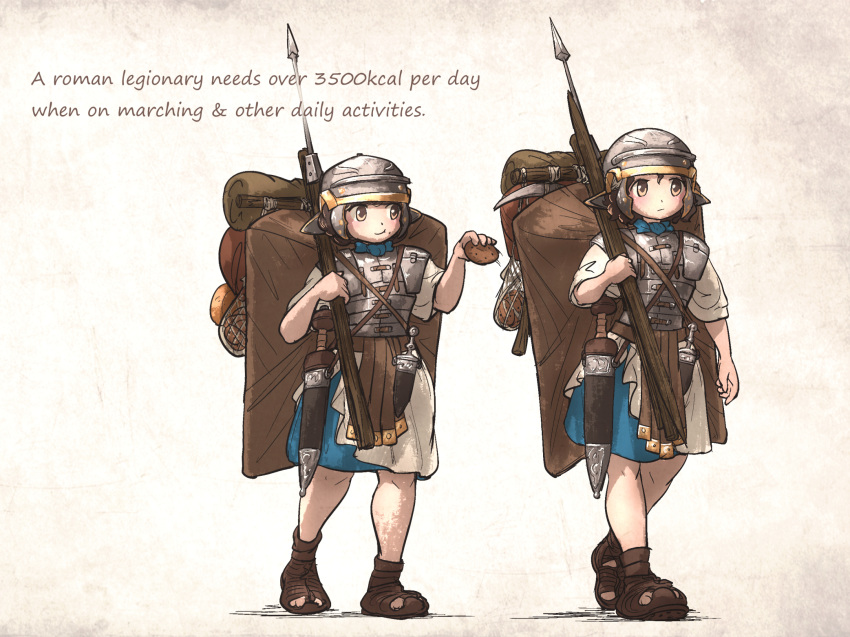 2girls armor backpack bag english_text food full_body gladius helmet highres holding holding_weapon ironlily legionnaire multiple_girls original pilum polearm roman_clothes sandals sheath shield soldier spear standing sword weapon