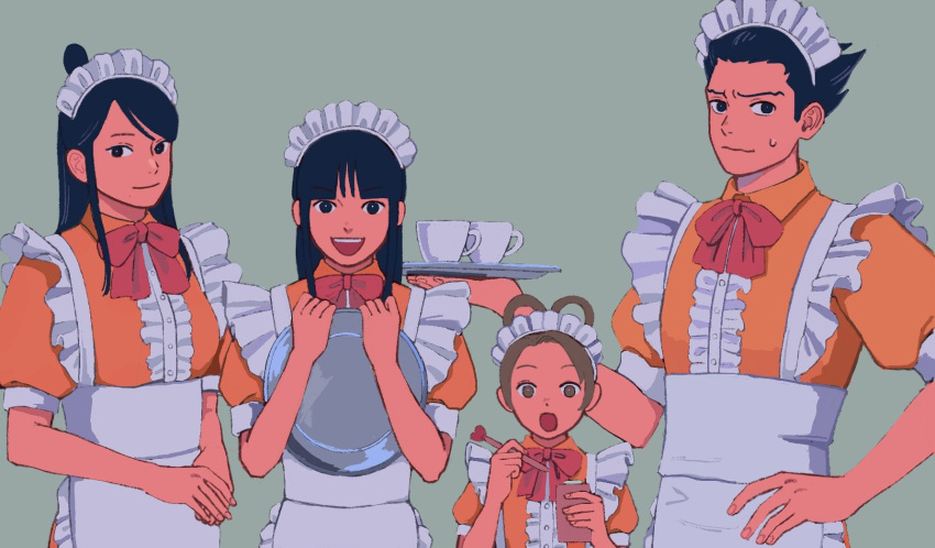 1boy 23011620x 3girls ace_attorney alternate_costume apron black_hair bow bowtie brown_hair center_frills closed_mouth crossdressing cup dress enmaided frilled_apron frills hair_rings highres holding holding_tray long_hair looking_at_viewer maid maid_apron maid_headdress maya_fey mia_fey multiple_girls official_alternate_costume open_mouth orange_dress pearl_fey phoenix_wright phoenix_wright:_ace_attorney_-_trials_and_tribulations puffy_short_sleeves puffy_sleeves red_bow red_bowtie short_hair short_sleeves siblings simple_background sisters smile spiked_hair sweatdrop tray white_apron white_headwear