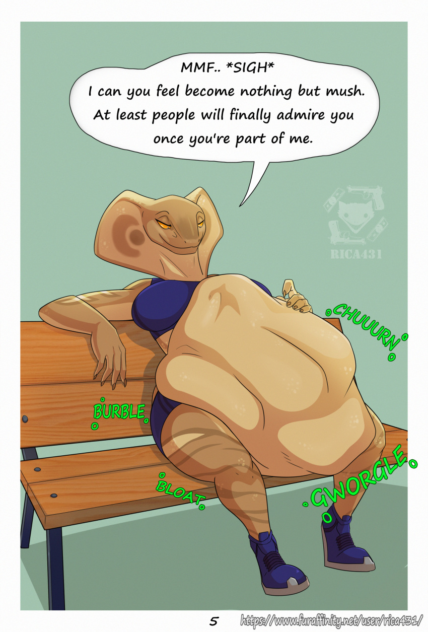 2022 5_fingers abdominal_bulge absurd_res anthro anthro_pred ariadna_(richard_birb) belly bench big_belly big_breasts blue_bottomwear blue_clothing blue_crop_top blue_footwear blue_shirt blue_shoes blue_shorts blue_topwear bottomwear breasts brown_body brown_nails brown_scales clothed clothing cobra colored_nails countershade_arms countershade_hands countershade_neck countershade_scales countershade_torso countershading crop_top digestion digital_media_(artwork) english_text female female_pred fingers footwear green_background hand_on_stomach hi_res humanoid_hands hyper hyper_belly imminent_death looking_at_own_belly looking_down nails non-mammal_breasts orange_eyes orange_sclera plantigrade pupils reptile rica431 same_size_vore scales scalie shirt shoes shorts simple_background sitting slit_pupils smile snake snake_hood soft_vore solo sound_effects speech_bubble striped_body striped_scales stripes talking_to_another talking_to_prey tan_body tan_countershading tan_scales text thick_thighs topwear vore watermark