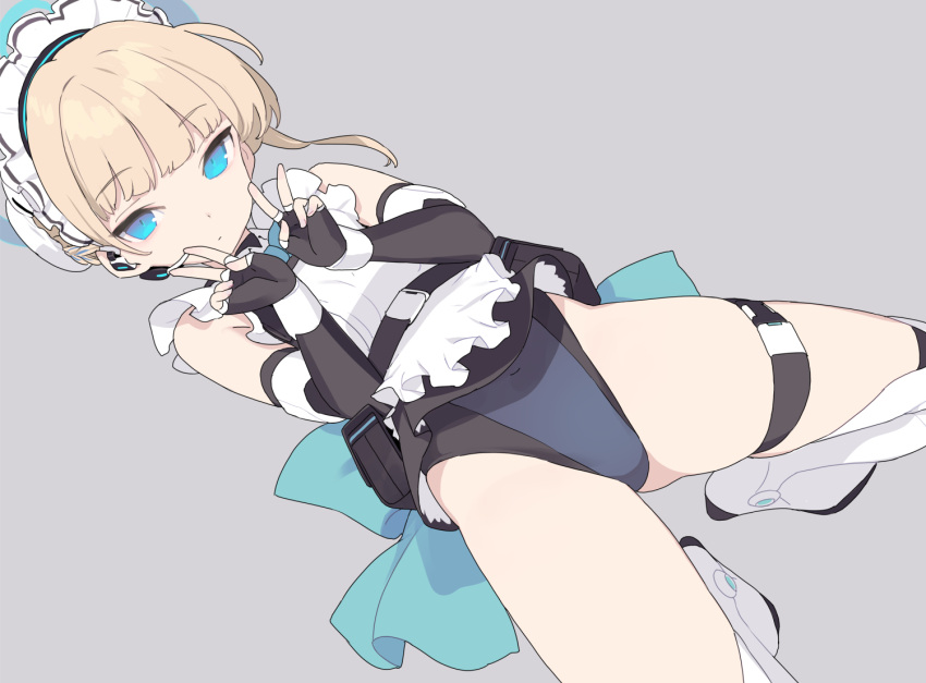 1girl apron black_leotard blade_(galaxist) blonde_hair blue_archive blue_bow blue_bowtie blue_eyes blue_leotard blue_ribbon boots bow bowtie braid bun_cover chest_harness double_v dutch_angle earpiece elbow_gloves expressionless fingerless_gloves frilled_apron frills full_body gloves grey_background hair_ribbon halo harness high_heel_boots high_heels highleg highleg_leotard knee_boots kneeling leotard maid_headdress multicolored_hair ribbon sleeveless_turtleneck_leotard streaked_hair thigh_strap toki_(blue_archive) two-tone_leotard v waist_bow white_apron