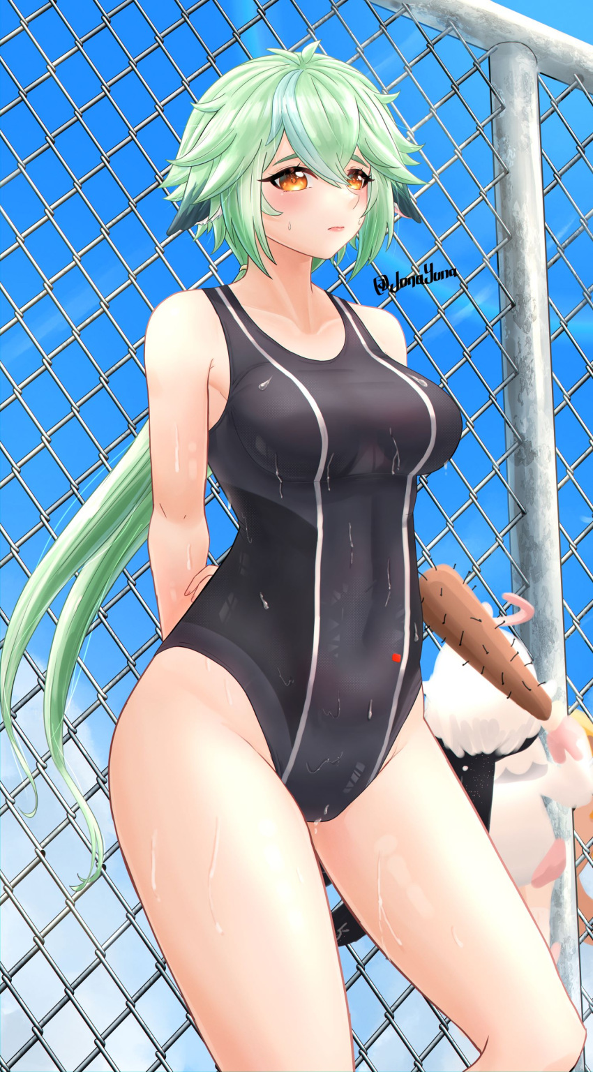 1boy 2girls absurdres aether_(genshin_impact) alternate_costume bare_shoulders baseball_bat black-framed_eyewear black_one-piece_swimsuit blonde_hair blue_sky breasts chain-link_fence cloud commentary_request cowboy_shot day fence genshin_impact glasses green_hair highres holding holding_baseball_bat jonayuna large_breasts long_hair long_sleeves looking_at_viewer multiple_girls nail nail_bat one-piece_swimsuit outdoors paimon_(genshin_impact) pink_lips sky standing sucrose_(genshin_impact) swimsuit thighs very_long_hair white_hair yellow_eyes