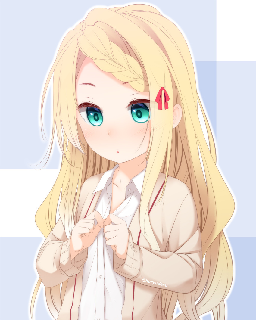 1girl :o ayakashi_triangle bangs blonde_hair blue_background blush bow braid braided_bangs brown_jacket collarbone collared_shirt commentary_request dress_shirt green_eyes hair_bow haryuu_(poetto) highres jacket long_hair long_sleeves looking_away looking_down open_clothes open_jacket parted_lips red_bow shirt solo swept_bangs tsukioka_lucy twitter_username two-tone_background undressing very_long_hair white_background white_shirt