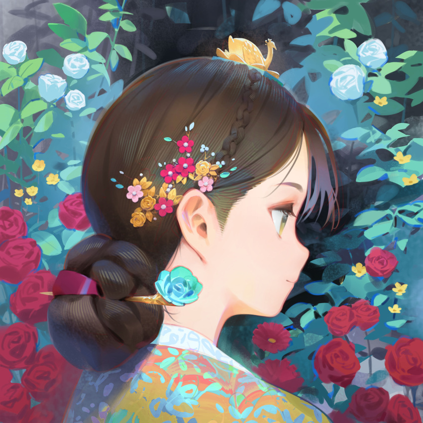 1girl absurdres blue_flower blue_rose braid brown_hair clip_studio_paint_(medium) closed_mouth commentary_request ddal flower green_eyes hair_bun hair_flower hair_ornament hair_stick highres japanese_clothes kimono making-of_available on_head original pink_flower portrait print_kimono profile purple_flower red_flower red_rose rose smile solo white_flower white_rose yellow_flower yellow_kimono yellow_rose