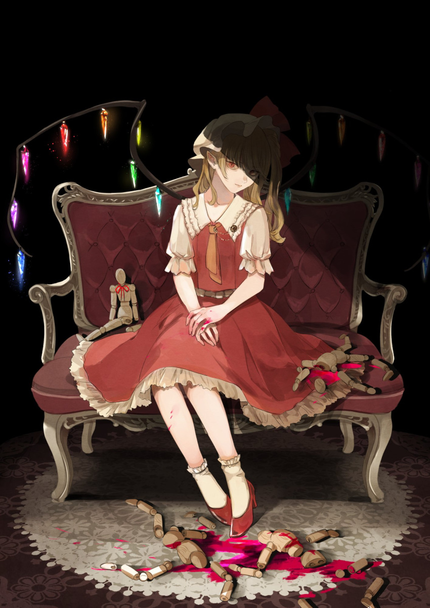 1girl blonde_hair blood blood_on_hands commentary couch crystal doll flandre_scarlet full_body hat high_heels highres kerok_(joniko1110) looking_at_viewer mob_cap necktie orange_necktie own_hands_together pink_blood red_eyes red_footwear red_skirt red_vest sitting skirt socks solo symbol-only_commentary touhou vest white_headwear white_socks wings