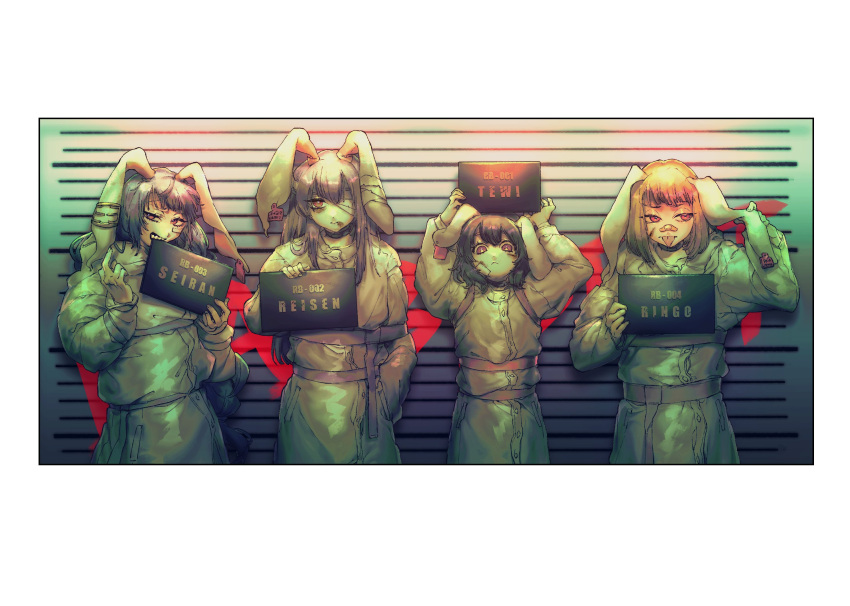4girls animal_ears arms_up bandage_over_one_eye bandaged_ear bandaid bandaid_on_face bandaid_on_nose bangs black_collar black_hair border character_name closed_mouth collar cowboy_shot hand_in_pocket height_chart highres holding holding_sign inaba_tewi jumpsuit long_hair long_sleeves looking_at_viewer matching_outfit medium_hair middle_finger mugshot multiple_girls pink_eyes prison_clothes purple_hair rabbit_ears rabbit_girl red_eyes reisen_udongein_inaba ringo_(touhou) seiran_(touhou) sideways_glance sign tongue tongue_out touhou white_border yamazaki_tsukune yellow_eyes