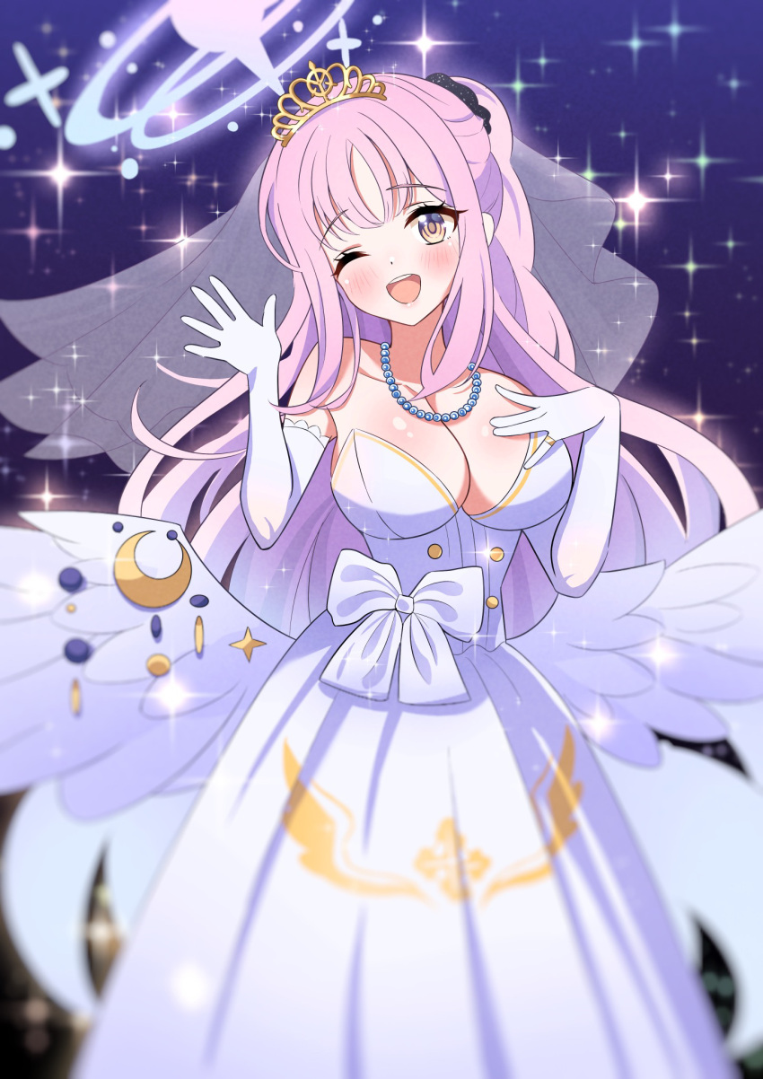 1girl alternate_costume blue_archive breasts dress elbow_gloves gloves halo highres large_breasts looking_at_viewer mika_(blue_archive) nano_(blueoekaki) pink_hair wedding wedding_dress yellow_eyes