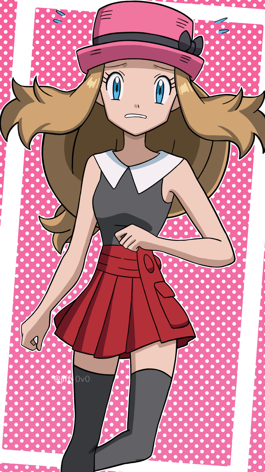 1girl absurdres bare_arms black_thighhighs blue_eyes brown_hair collared_shirt commentary_request eyelashes flying_sweatdrops hat highres jiffy0v0 long_hair looking_at_viewer outline parted_lips pink_background pink_headwear pleated_skirt pokemon pokemon_(anime) pokemon_xy_(anime) raised_eyebrows red_skirt serena_(pokemon) shirt skirt sleeveless sleeveless_shirt solo thighhighs