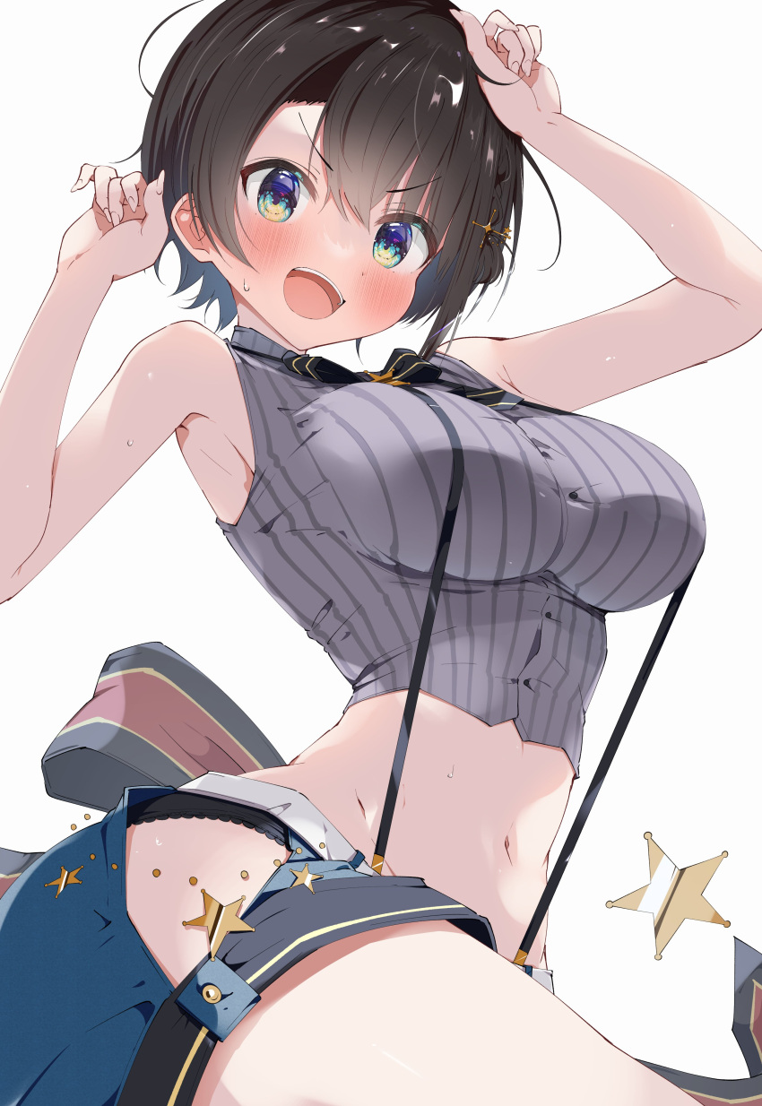 1girl absurdres aqua_eyes arms_up bangs bare_arms bare_shoulders black_bow black_bowtie black_panties blue_shorts blush bow bowtie breasts brown_hair buttons crop_top cropped_shirt from_below green_eyes grey_shirt high_collar highres hip_vent hololive kuno lace-trimmed_panties lace_trim large_breasts looking_at_viewer midriff oozora_subaru open_mouth panties panty_peek pinstripe_pattern pinstripe_shirt shirt short_hair short_shorts shorts simple_background sleeveless sleeveless_shirt smile solo star_(symbol) striped suspender_shorts suspenders swept_bangs taut_clothes taut_shirt underwear virtual_youtuber white_background