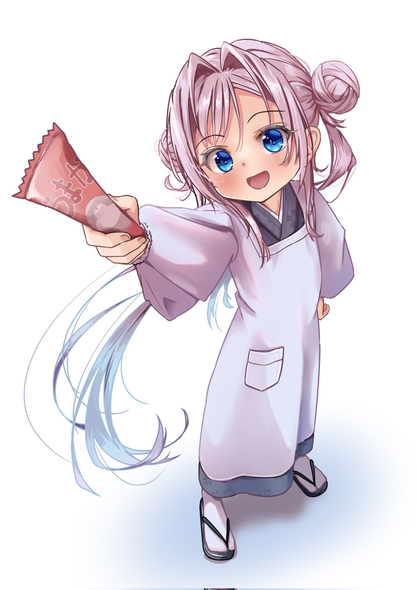 1girl blue_eyes candy dot_nose double_bun flip-flops food full_body hair_bun hair_intakes highres holding holding_food japanese_clothes kimono long_hair magia_record:_mahou_shoujo_madoka_magica_gaiden mahou_shoujo_madoka_magica popsicle sandals smile white_hair yakumo_mikage yappariga