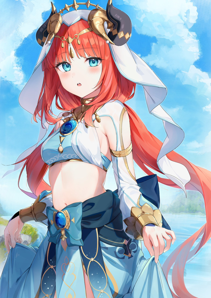 1girl auui bangs blue_bow blue_eyes blue_gemstone blue_skirt blue_sky bow bracer breasts brooch circlet cloud cowboy_shot crop_top day detached_sleeves fake_horns gem genshin_impact gold_trim harem_outfit highres horns jewelry long_hair long_sleeves looking_at_viewer low_twintails navel neck_ring nilou_(genshin_impact) open_mouth outdoors parted_bangs puffy_long_sleeves puffy_sleeves red_hair sidelocks skirt skirt_hold sky small_breasts solo stomach twintails veil very_long_hair water white_headwear